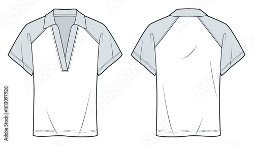 Raglan Sleeve Polo Shirt Technical Flat Sketch. T-Shirt fashion flat technical drawing template, short sleeve, v neck, relaxed fit, front and back view, white, grey, women, men, unisex CAD mockup.