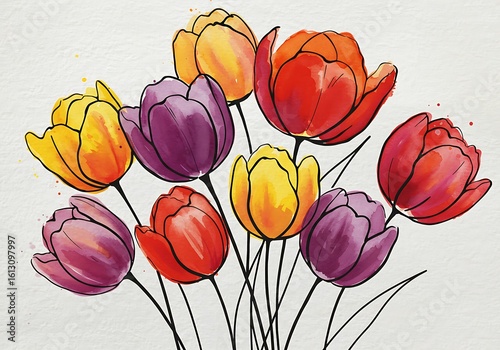Vibrant Watercolor Bouquet of Colorful Tulips