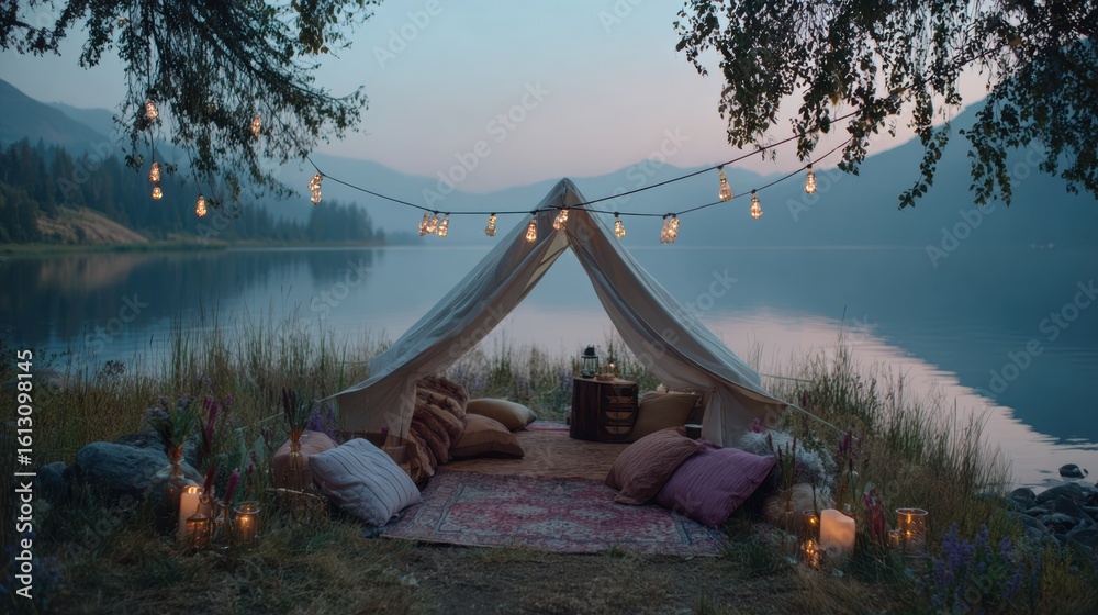 Fototapeta premium A serene outdoor tent setup by a lake, adorned with cushions and lanterns for a peaceful evening retreat.