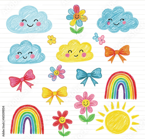 need kinds of Crayon drawn kid doodle collection. Colorful childish elements like clouds, flowers, bows, rainbows and sun. Adorable girly doodle collection. Naïve vector illustrations Crayon drawn ki