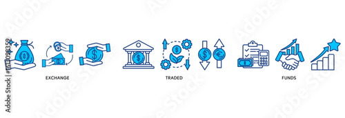 ETF icon set vector illustration concept relate to Exchange Traded Funds Stock Market Investment with icon of money, cash flow, trading, transaction, bank, accounting, and growth