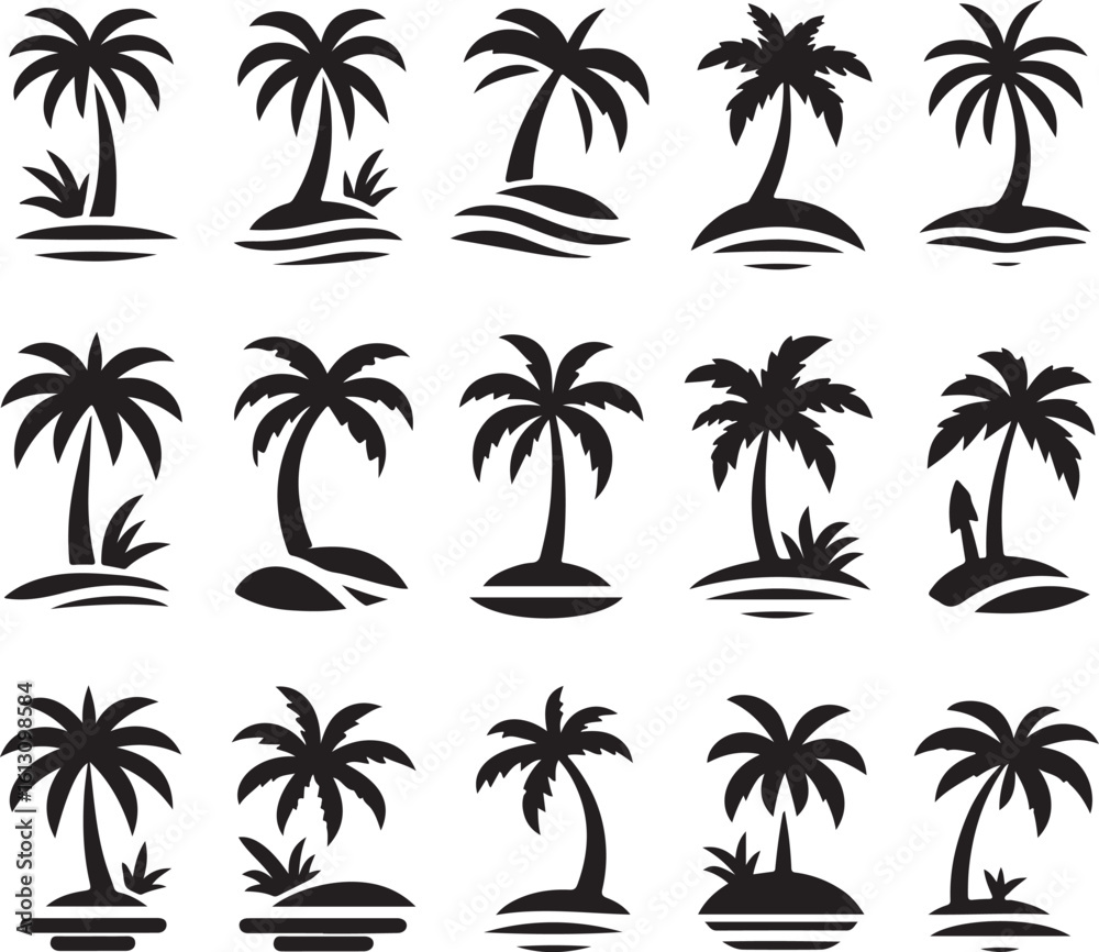 Fototapeta premium Palm tree silhouettes on a tropical summer landscape with beach and nature elements