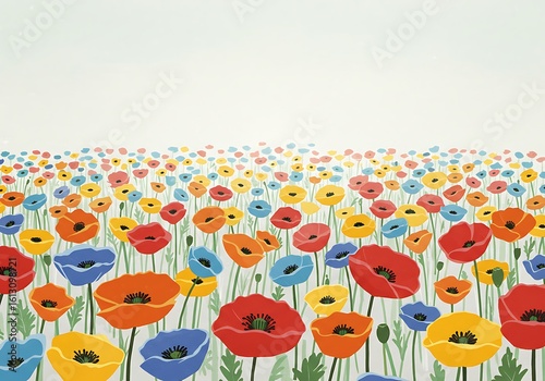 Vibrant Colorful Poppy Flower Field Illustration