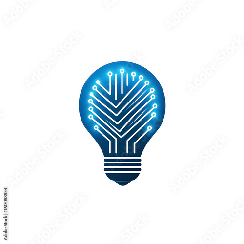 Digital Innovation: Circuit Board Lightbulb Technology Concept Blue Glow.