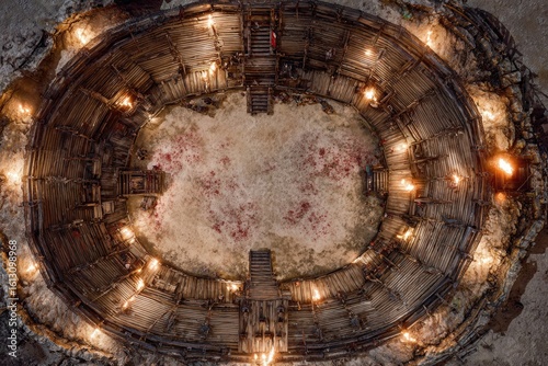 Top-down view of a circular wooden battle arena with staircases, torches, and a bloodstained dirt floor, evoking a gritty fantasy combat setting or ancient gladiator pit