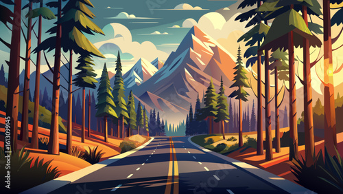 Tall trees and detailed light-shadow contrasts, in a semi-realistic style, bring the road to the mountains to life; every turn tells a new chapter of the journey.