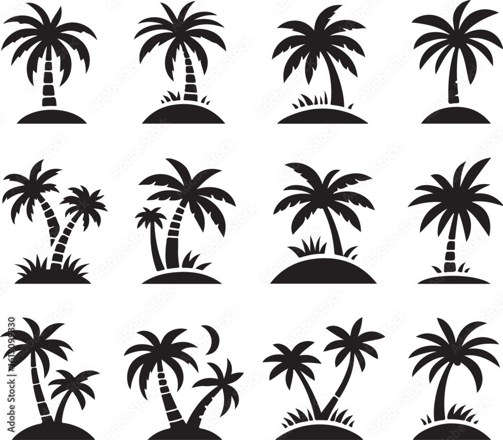 Fototapeta premium Palm tree silhouettes on a tropical summer landscape with beach and nature elements