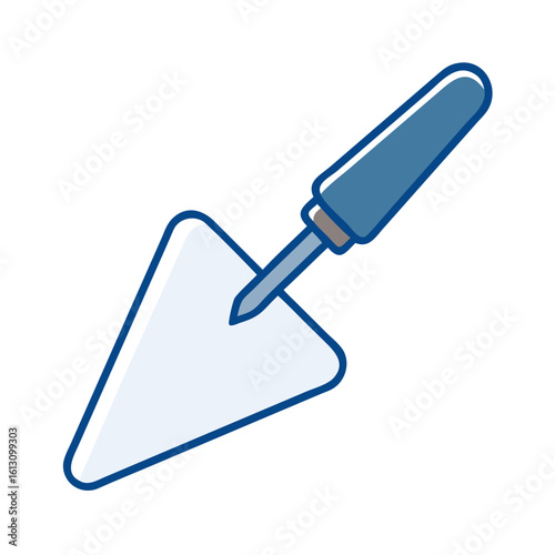 Construction trowel tool with blue handle and triangular blade  