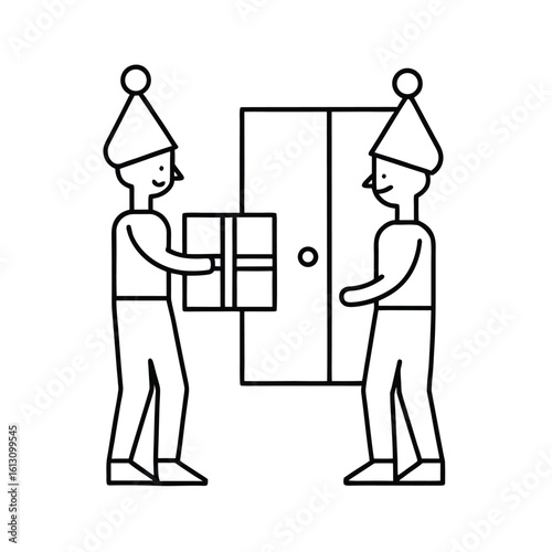 Elves delivering Christmas presents door to door in festive winter line art vector illustration