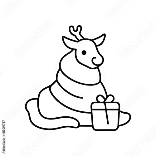 Reindeer resting with a gift box and warm blanket in cozy holiday line art illustration