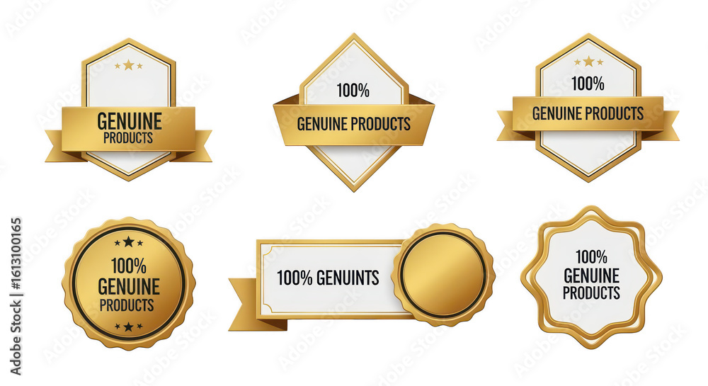Fototapeta premium Genuine Product Badges: An array of meticulously crafted golden badges, each embodying the assurance of 100% Genuine Products, designed with elegance and sophistication.