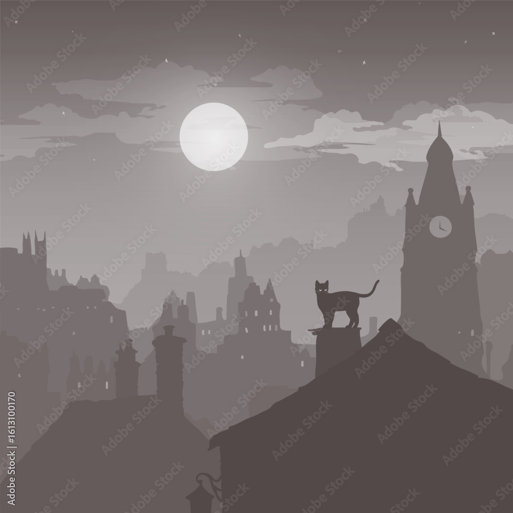 Fototapeta premium Cat on the roof, moonlit night, vector illustration