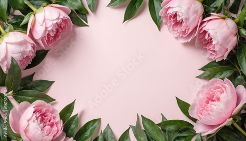 Pink peonies bouquet arranged in circular pattern on light pink background. Peonies flowers with petals, leaves clearly visible. Small green leaves around peonies add contrast. Fresh flower