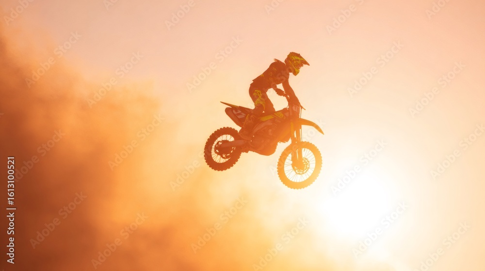 Obraz premium Motocross rider performing freestyle jump at sunset