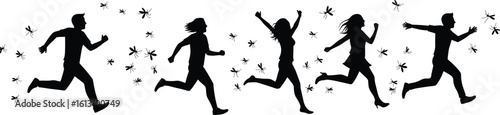 Silhouettes of People Running Away from Swarming Insects, Illustrating Pest Control, Danger, Escape, and Annoyance Concepts.