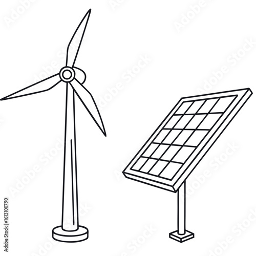 Illustration of a wind turbine and solar panel representing renewable energy generation