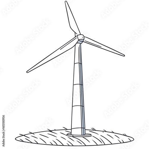 Vector art of a single wind turbine generates clean and renewable energy in a grassy field on a sunny day