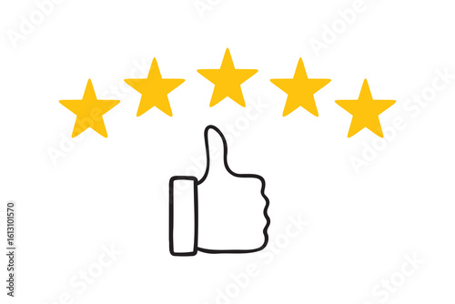 five gold or yellow stars customer review, quality rating, feedback icon doodle hand drawn. Outline line drawing clipart symbol