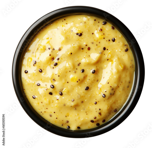 Overhead close up shot of creamy yellow sauce in a black bowl isolated on transparent background