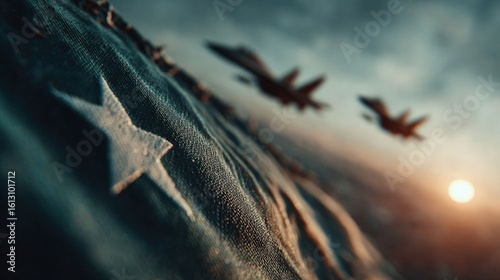 Pakistani flag with fighter jets flying above in celebration or tension