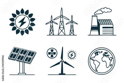 Vector art of renewable energy sources including solar panels, wind turbines, and geothermal plant for a sustainable future