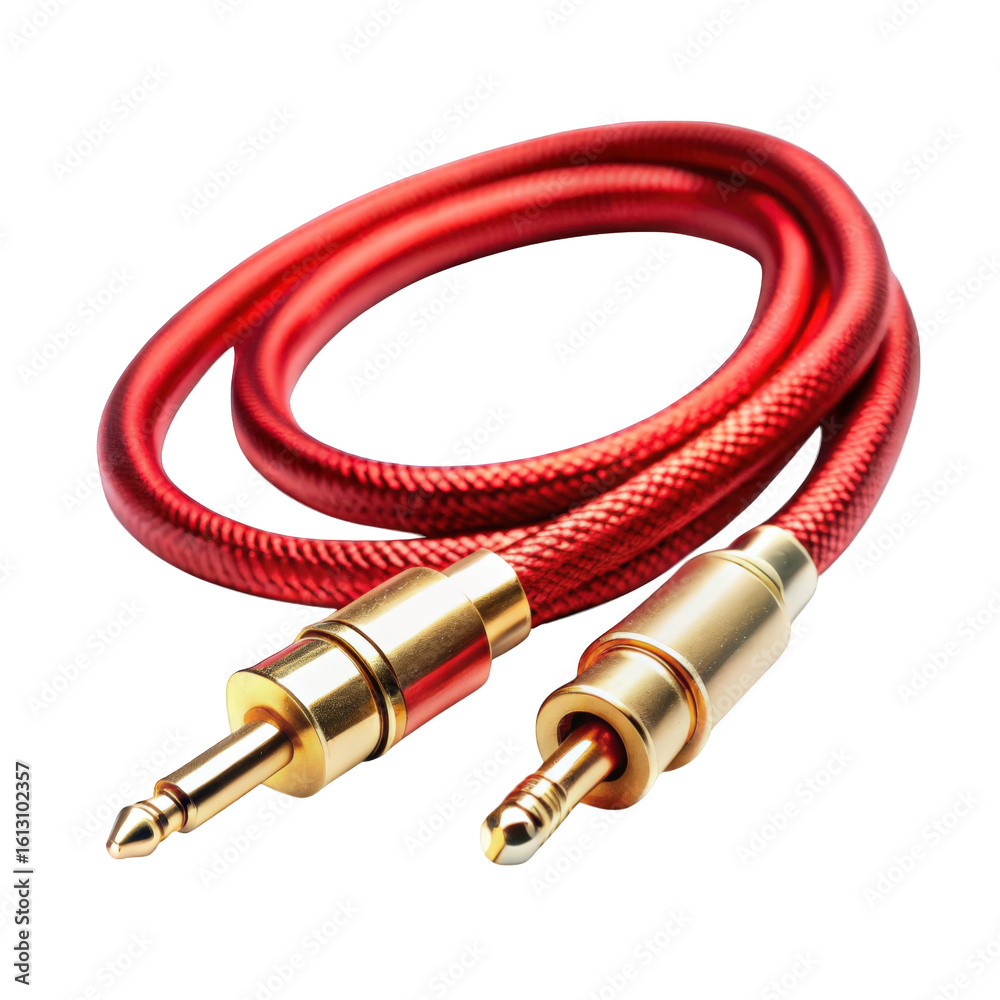 Fototapeta premium Red audio cable with gold plated connectors isolated on transparent background