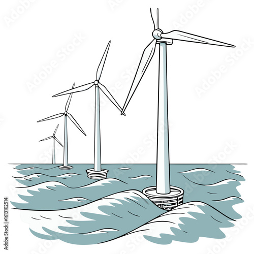 Vector art of a row of offshore wind turbines generates clean and sustainable energy in the ocean waves