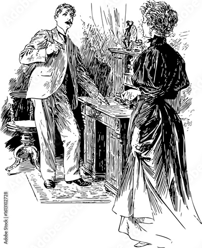 Vintage Couple Conversing in a Victorian Interior