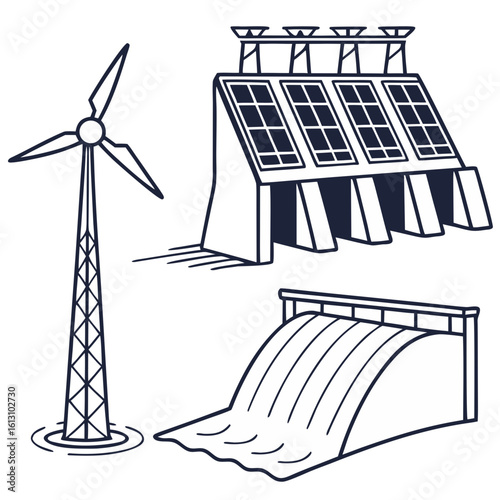 Illustration of renewable energy sources including wind turbine, solar panels and hydroelectric dam