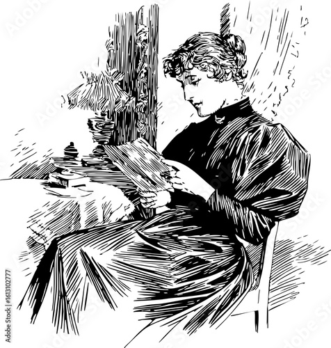 Vintage Illustration of a Woman Reading
