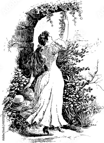 Vintage Illustration of a Woman Reaching for Vines