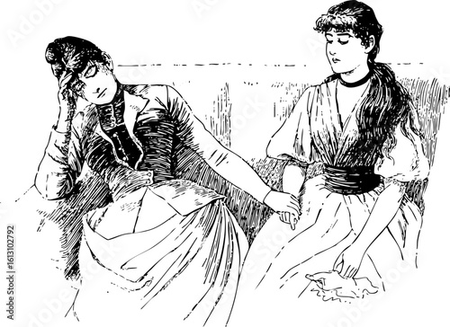 Vintage Illustration of Two Women Comforting Each Other