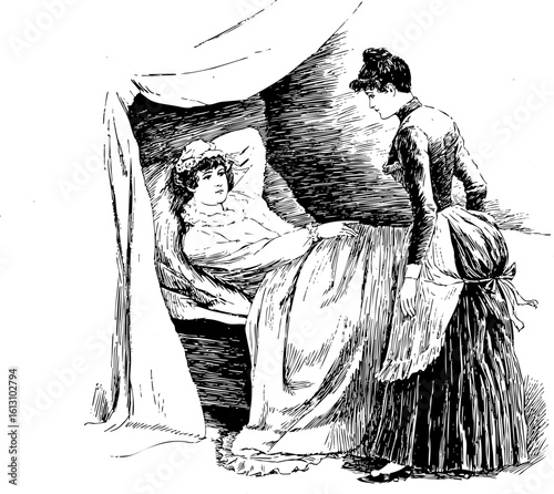 Vintage Illustration of a Woman in Bed and a Woman Standing
