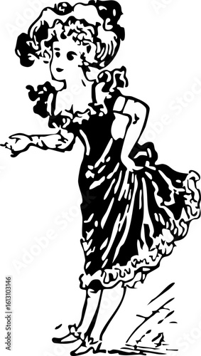Vintage Illustration of a Young Woman in a Ruffled Dress