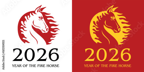 2026 Year of the Horse logo design. Chinese new year 2026. Red fiery horse, the horse's head framed by a mane that looks like tongues of flame. Vector on transparent and red background