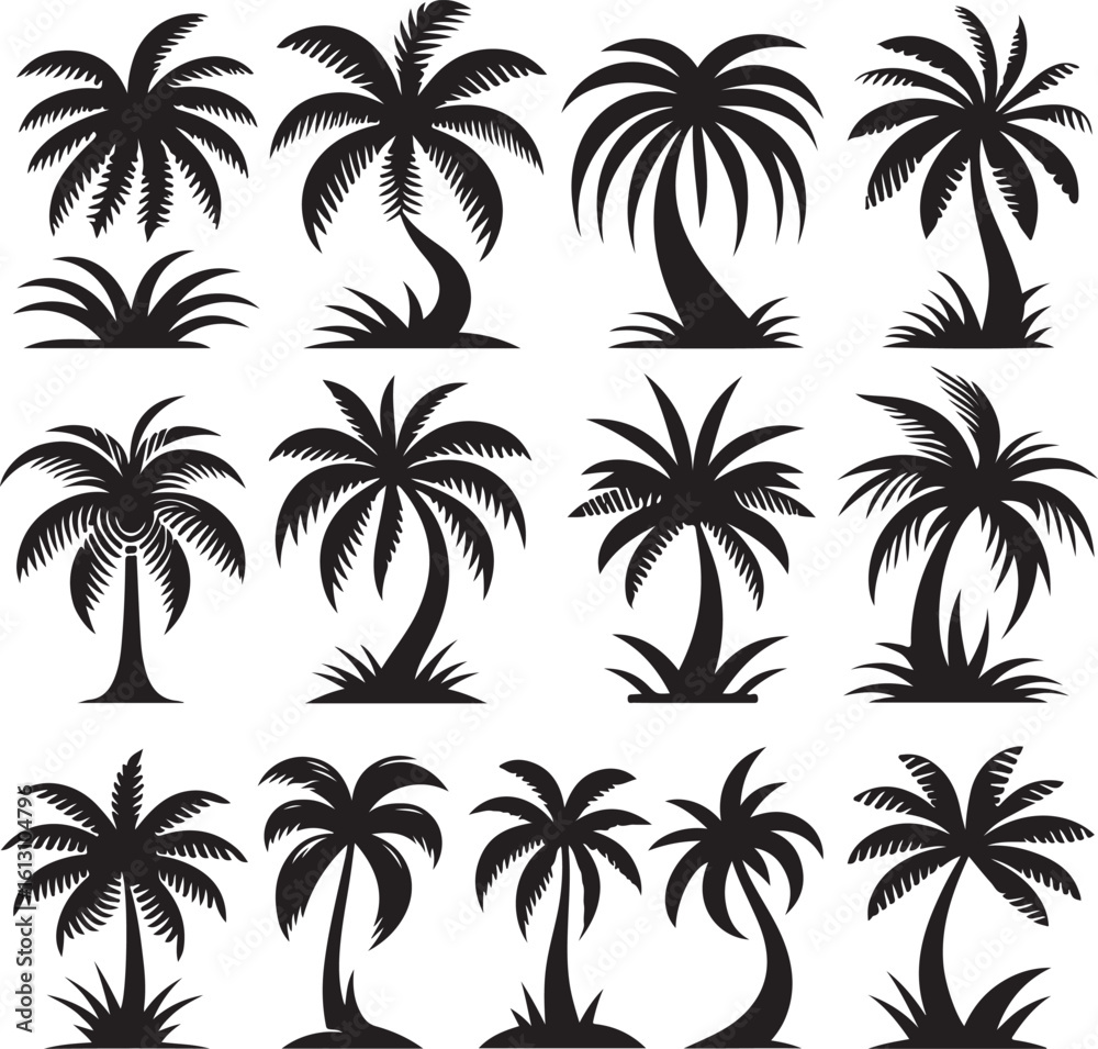 Obraz premium Palm tree silhouettes on a tropical summer landscape with beach and nature elements