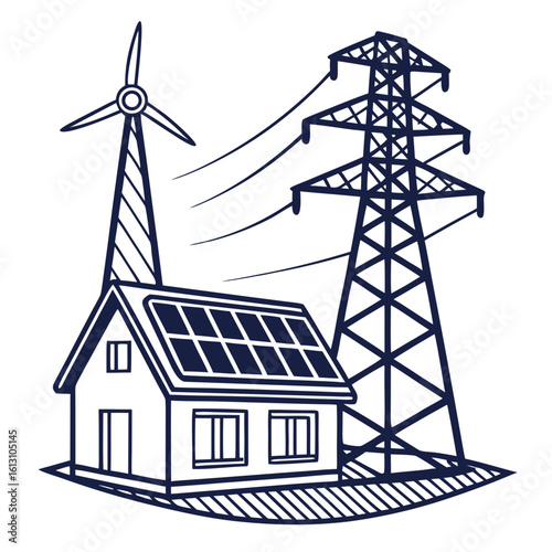 Illustration of a house powered by solar panels and wind turbine with electricity power lines