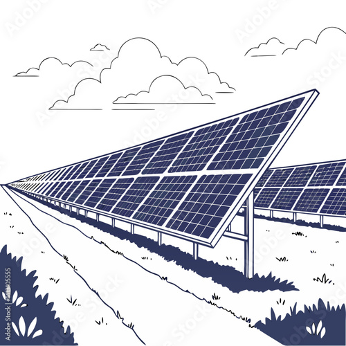 Illustration of a large solar panel farm generating renewable energy under a cloudy sky