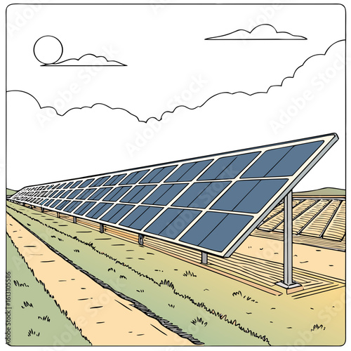 Illustration of a solar panel farm generating clean and renewable energy under a cloudy sky