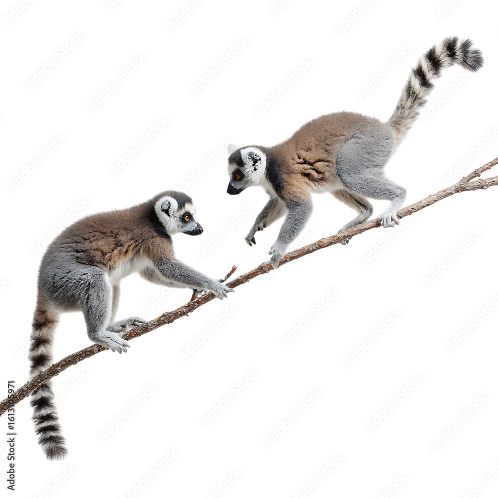 Obraz premium Two ringtailed lemurs interact while perched on a tree branch on transparent background