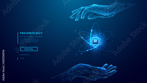 Two Digital Hands Holding AI chip with nuclear atom icon with circuit. Blue Low Poly Wireframe Illustration on Dark Blue Background. Science and Technology Innovation Concept. Vector illustration. 