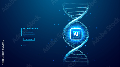 AI Chip and DNA Double Helix on Technology Blue Background. Technology Innovation in medicine and Science concept. Biotechnology concept. Digital Vector Illustration.