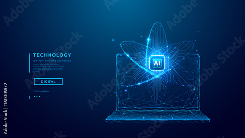 Ai chip and abstract digital atom icon on laptop screen on technology background. Science tech bg. Circuit light lines and cpu processor. 3D science wireframe vector illustration.