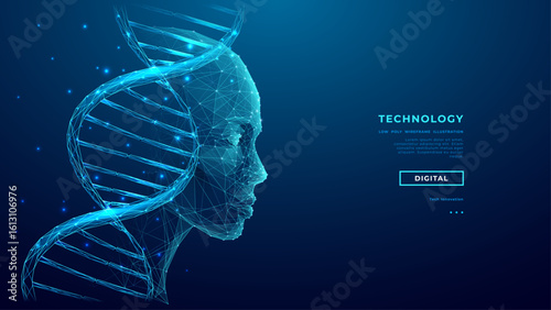 Digital Human face and DNA double helix on a blue technology background. DNA molecule hologram and AI robot head. Futuristic biotechnology and Science tech concept. Vector healthcare illustration.