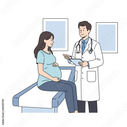 Doctor consulting pregnant woman, minimal vector illustration. 