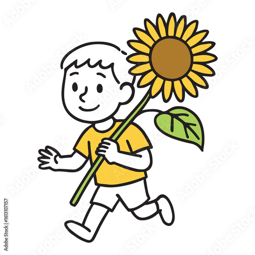 Joyful Boy Walking with Big Sunflower. Childhood and Nature Theme, Bright and Colorful Design.