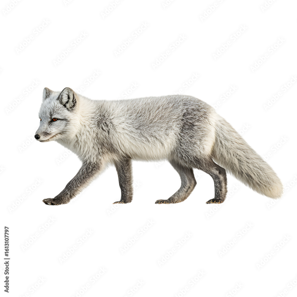 Obraz premium An arctic fox walks gracefully across a snowy landscape on transparent background