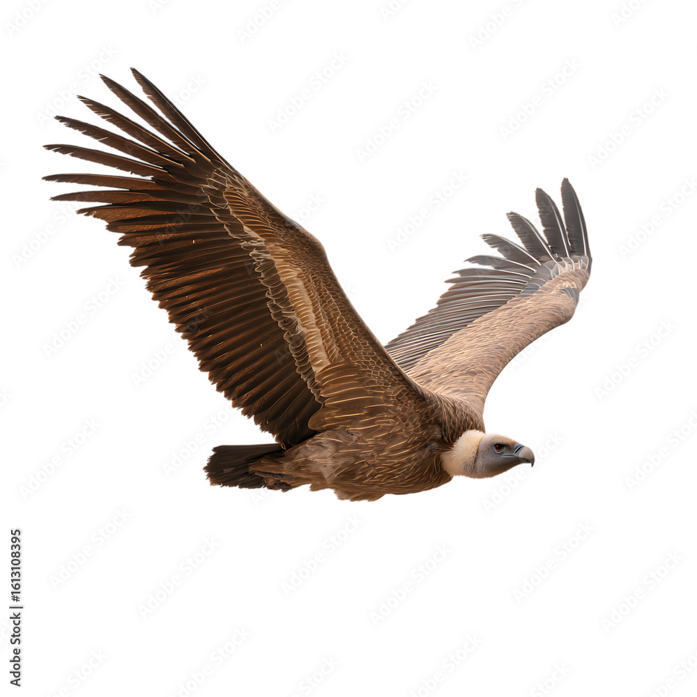 Obraz premium A majestic vulture soars through the sky with its wings spread wide on transparent background