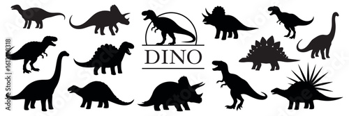 Set of black silhouettes of dinosaurs. Vector illustration