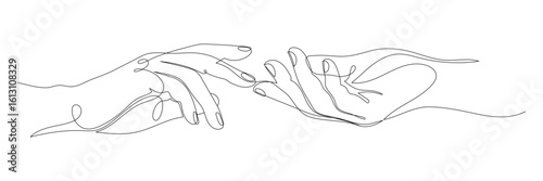 Editable line two hands reaching out one line vector illustration.